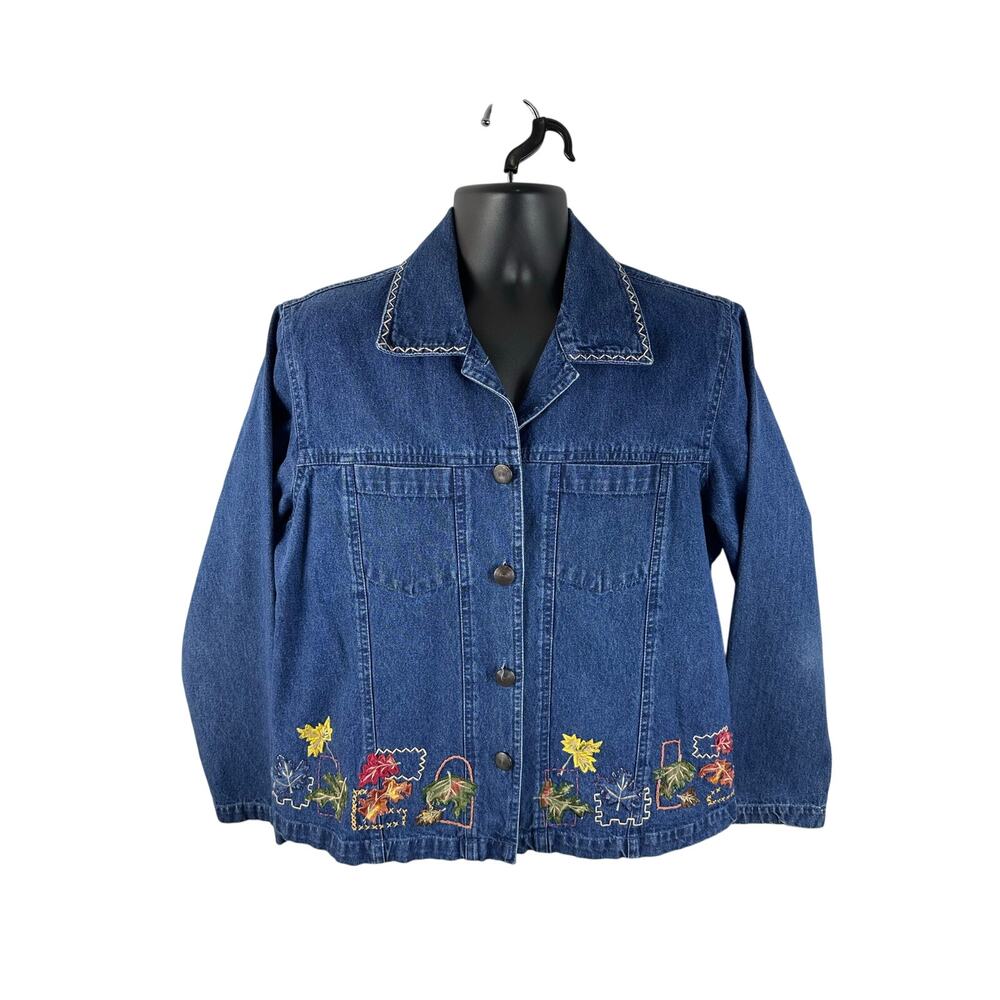 Vintage Denim Jacket Boho Cottage Fall Leaves Embroidered Size XL NorthCrest